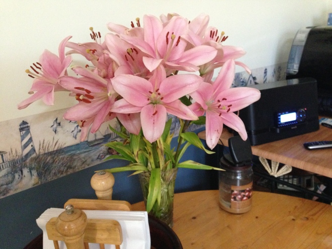 Asiatic Lily Bouquet, forced to listen to Satelite Radio and blooming madly anyway.